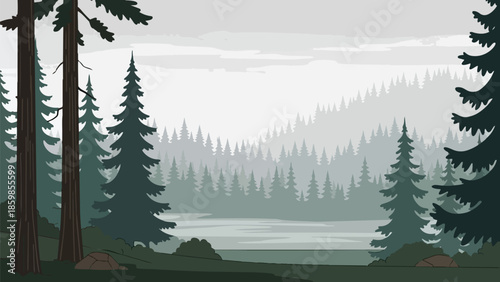 A vector depiction of a peaceful forest with layered evergreen trees, a still lake, and misty hills, all beneath an overcast sky. This artwork