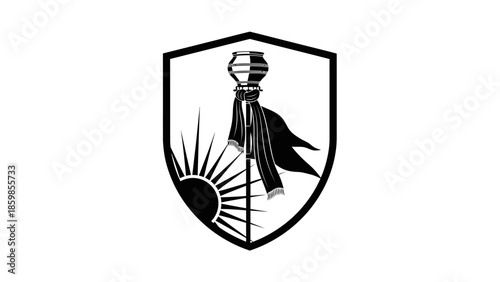 Black and white shield emblem with knight helmet and cape.