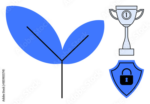 Growth concept. Visual combination of a leaf shape, a trophy symbol for achievement, and a shield icon security. Growth, success, and security interconnectivity. include nature, accomplishments