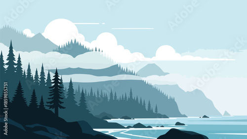 A tranquil vector landscape showcasing majestic layered mountains, dense evergreen forests, a serene coastline, and a calm ocean under a soft,