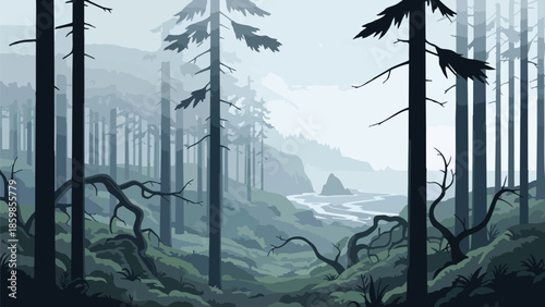 Mysterious forest landscape with towering trees, a winding river, and distant misty mountains under a serene, muted sky, capturing nature's quiet