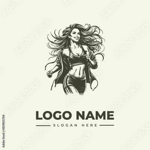 A vector illustration of a woman in athletic wear running with flowing hair and a dynamic pose on a clean white background with logo and icon design elements.