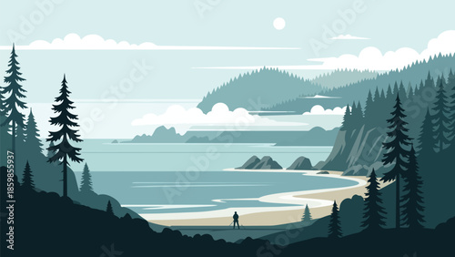 minimalist flat design illustration of a tranquil pacific northwest coastline featuring towering evergreen forests a serene bay and a solitary