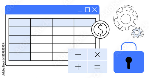 Financial planning, data organization, cybersecurity, accounting tools, software integration, and secure access. Spreadsheet window with calculator, dollar symbol padlock and gears. Financial
