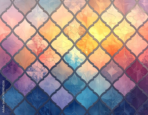 Abstract stained glass pattern with interlocking quatrefoil shapes, colorful and vibrant