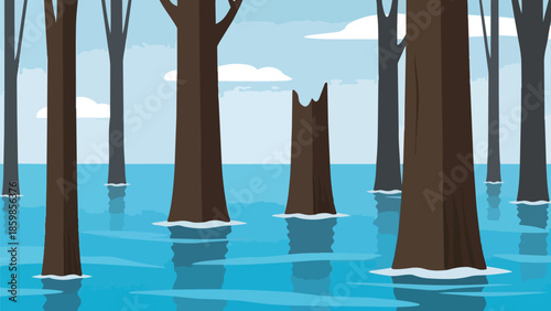 Digital illustration of a quiet, flooded forest. Many tree trunks rise from blue water under a light sky with white clouds. A distinct broken stump