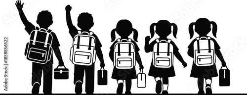 Back to school silhouette of diverse elementary students walking with backpacks and lunch boxes, waving goodbye for first day of class