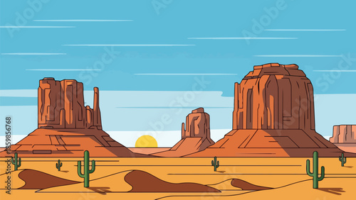 Stylized desert scenery with towering sandstone formations under a clear azure sky a gentle sun rising above textured sandy undulations adorned by