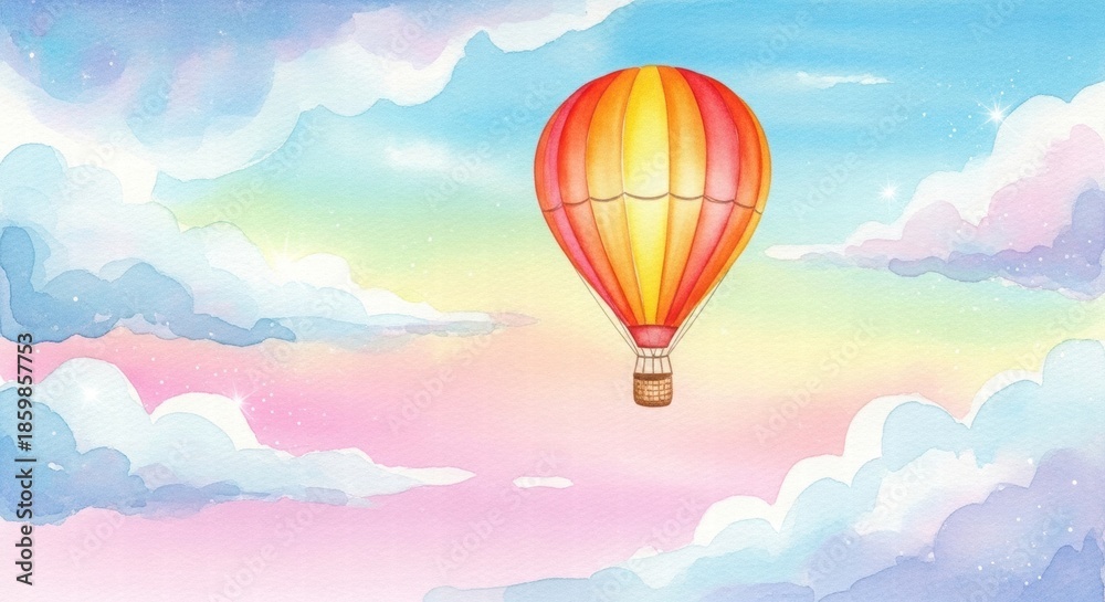 Fototapeta premium Soaring Dreams: An enchanting hot air balloon floats serenely through a pastel-colored sky filled with fluffy clouds. Evoking a sense of freedom, adventure, and boundless possibilities.