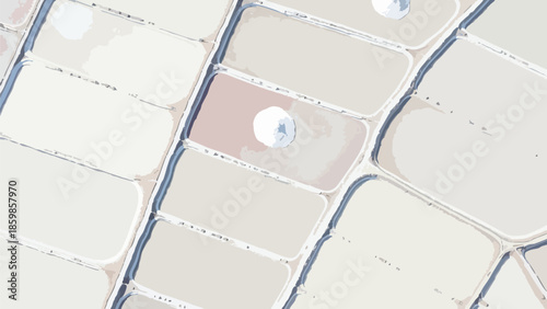 Overhead abstract view depicting a stylized mosaic of interconnected geometric plots and narrow channels, creating a unique, tranquil, and organized