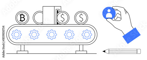 Cryptocurrency, financial systems, user profiles, automation, identity management, data workflows. Conveyor with currency symbols and gears, hand holding user icon pencil. Cryptocurrency