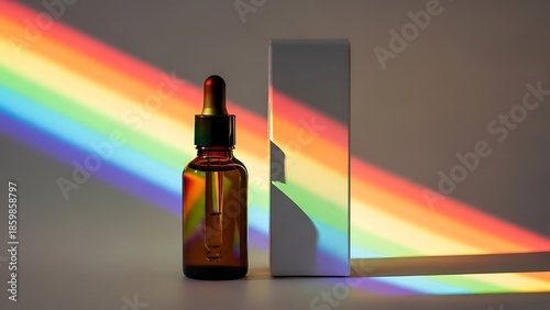Amber Dropper Bottle and White Box with Rainbow Light Refraction.