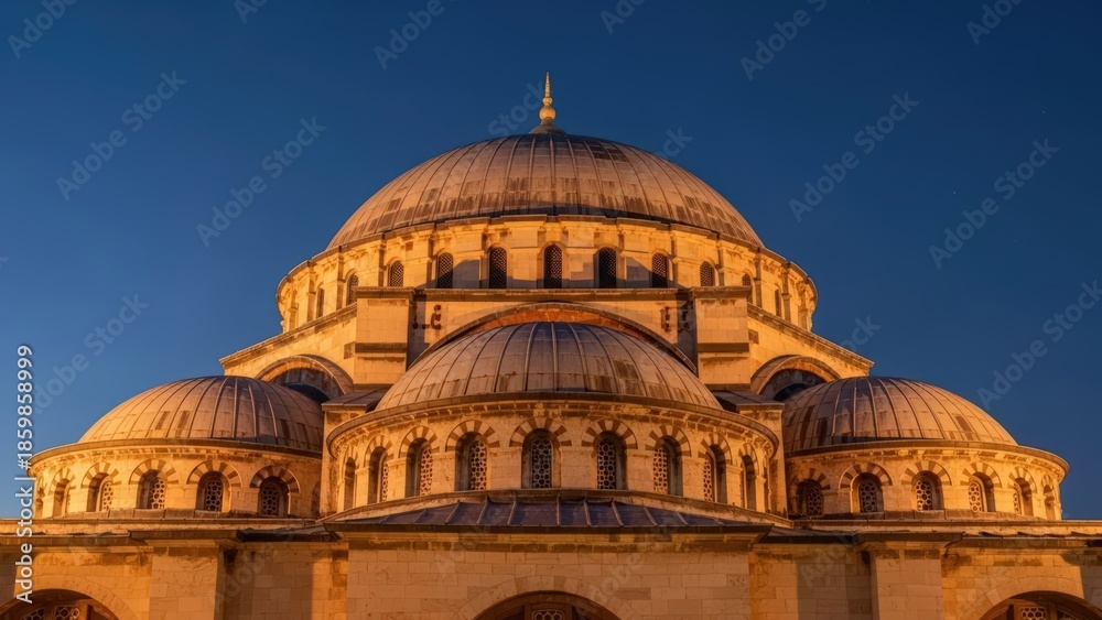 Fototapeta premium Grand Mosque Domes Illuminated at Sunset Against a Deep Blue Sky.