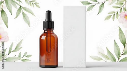 Amber Dropper Bottle with White Box and Floral Accents.