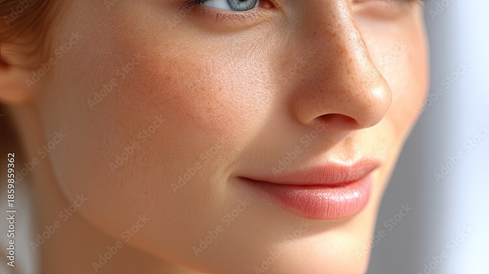 Fototapeta premium Close-Up Portrait of a Beautiful Young Woman with Natural Makeup and Freckles, Soft Light and Engaging Expression