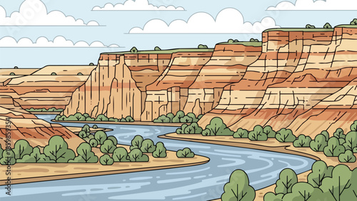 Captivating illustration of a serene desert landscape featuring a majestic blue river gracefully winding through towering, ancient, layered canyon