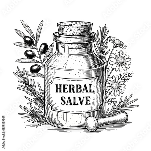 Hand-drawn illustration of a bottle of herbal salve with botanical elements.