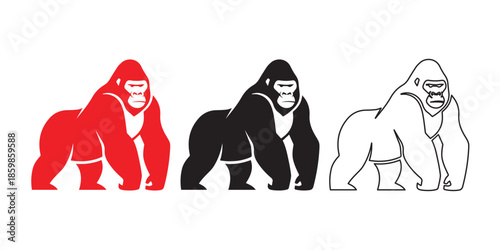 Strong Gorilla Silhouette Trio: Capturing the robust form of a gorilla with powerful stance, presented in monochrome shades of red, black and outlines to emphasize strength and primal essence.