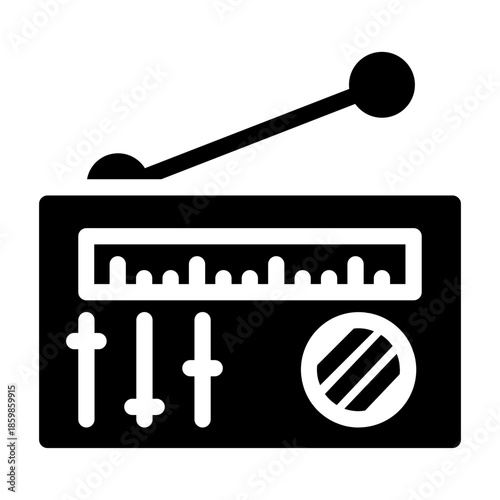 Glyph style icon of a radio representing audio broadcast and wireless communication.