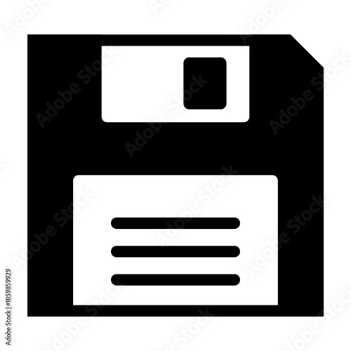 Glyph style icon of a floppy disk representing data storage and saving files.