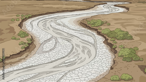 An aerial illustration of a severely parched riverbed winding through a desolate arid landscape depicting extreme drought conditions and