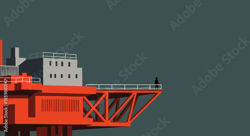 A stark, minimalist graphic illustration depicts a large offshore oil rig in vibrant red against a muted background, emphasizing industrial scale and energy production.