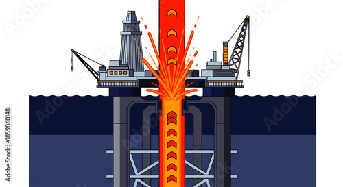 A dramatic illustration vividly portrays a catastrophic offshore drilling platform blowout, featuring a massive fiery plume erupting from the well, highlighting industrial and ecological risks.