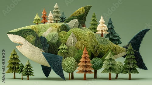 Abstract shark blended with nature in green ocean water with floating trees, surreal environmental concept of marine life and ecology