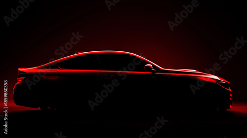 Ultra cinematic silhouette of a modern car revealed by neon edge lighting, high contrast abstract automotive art with bold minimal form