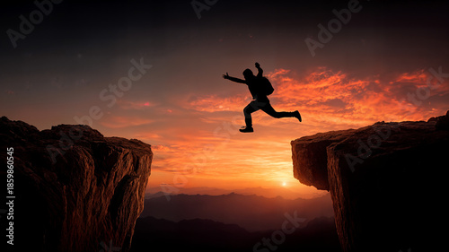 Wallpaper Mural Man Leaping Between Cliffs at Sunset. Torontodigital.ca