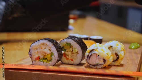 Sushi Placed on Wooden Plate for Presentation