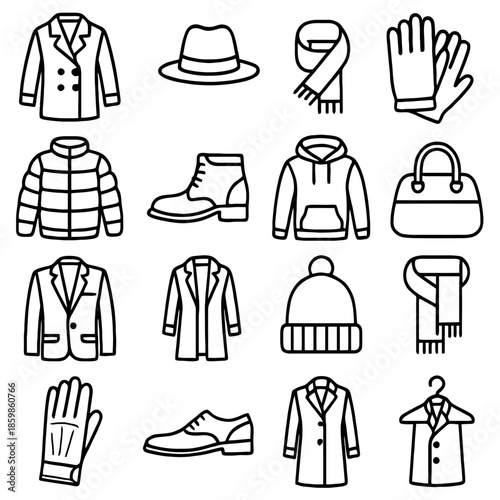 Collection of Winter Apparel: An assortment of winter wear items meticulously arranged. capturing the essence of cold-weather fashion, features outerwear and accessories. 