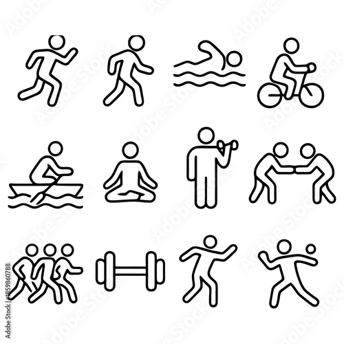 Diverse Sports Icons: A collection of simple, yet dynamic, line art icons representing a spectrum of sports and activities, perfect for illustrating fitness, recreation, and healthy living.