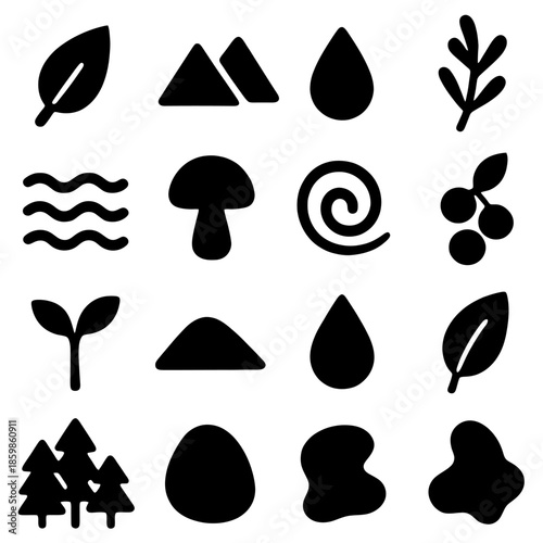 Nature's Symbolic Essence: A collection of simple, elegant icons representing diverse facets of the natural world, perfectly capturing the essence of the environment.