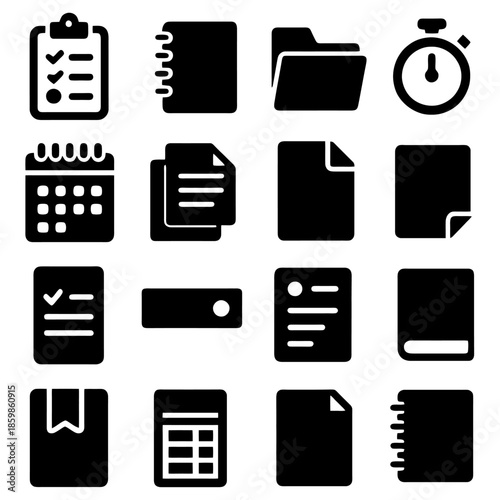 Documents and Schedules Icons: A collection of various document and schedule icons is neatly arranged. This set is useful for design, presentations and more