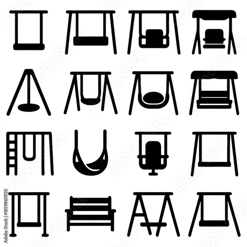 Swing Set Silhouette Collection: A diverse compilation of swing set silhouettes, perfect for illustrating playground designs and childhood activities, captured against a clean and simple background.