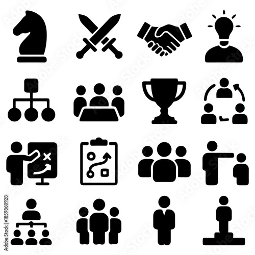 Business and Strategy Icon Set: A comprehensive collection of business and strategy icons, ideal for visual representations of various concepts in business, teamwork, leadership and management.
