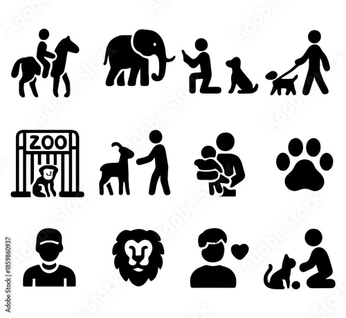 Animal Interactions Icon Set: A comprehensive collection of iconic symbols capturing the essence of human interaction with various animals, conveying themes of care, companionship.