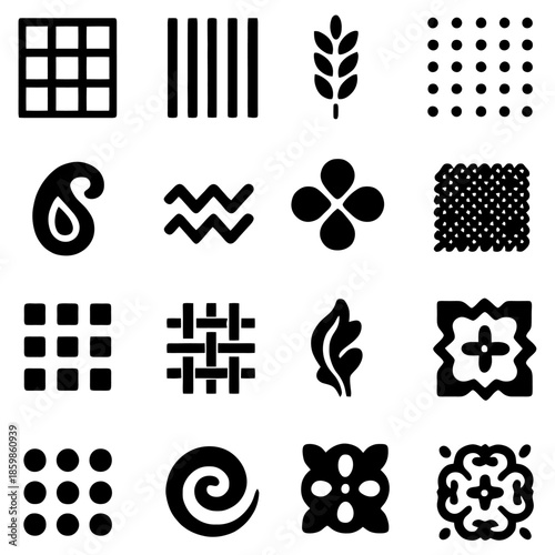 Patterns of Design: A collection of various simple patterns featuring different shapes, lines, and textures in a striking monochrome aesthetic.