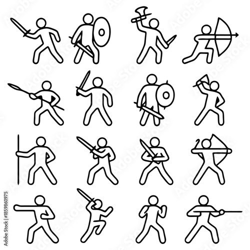 Warriors' Arsenal: A compilation of illustrations showcasing various warriors, each poised in dynamic action with unique weaponry.