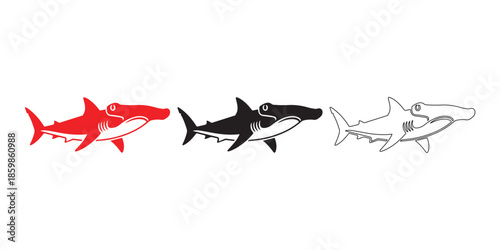 Shark Variations: A graphic display of shark illustrations in red, black, and outlined styles, representing different design options or themes.