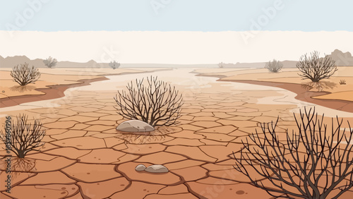 Vast arid landscape illustrating severe drought conditions with cracked earth and parched vegetation
