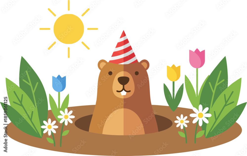 Fototapeta premium Cute Bear Peeking Above Flower Garden with Bright Sun