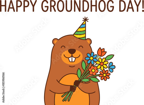 Cute Groundhog Holding Flowers for Groundhog Day Celebration