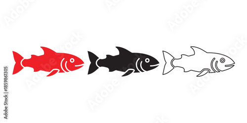 Fish Variations: A set of three fish illustrations, each with a unique style. One is filled with red, another in solid black, and the last with an outline. They symbolize adaptability.
