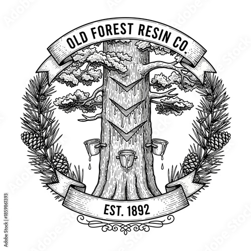 Old Forest Resin Company vintage emblem with tree and sap buckets.