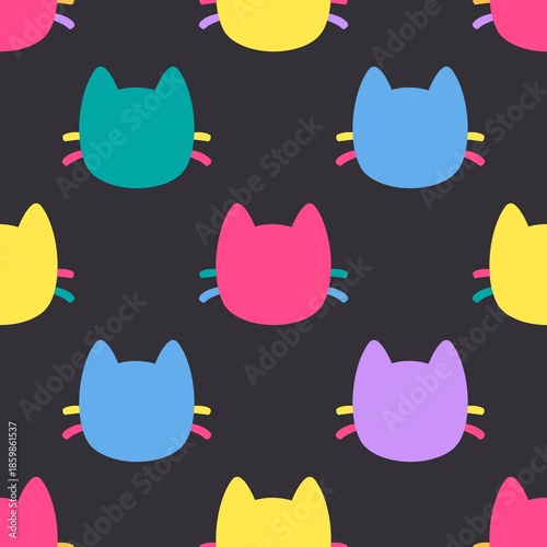 Seamless Pattern with Colorful Cat Faces on Dark Background, Cute Kids Illustration