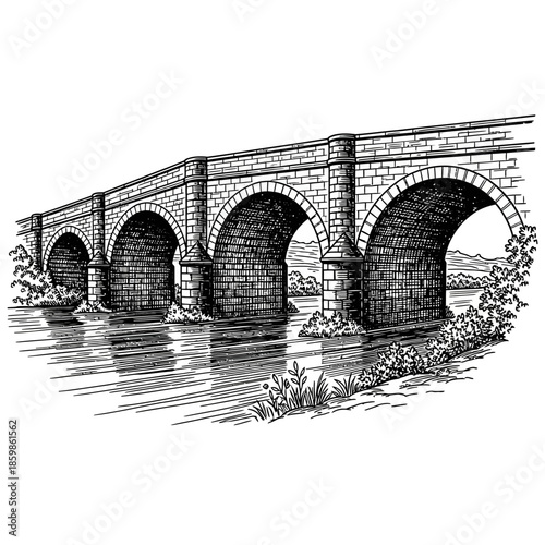 Old Stone Bridge with Arches Crossing a River.