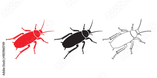 Cockroach trio: A graphic depiction of three cockroaches, each distinct in color and style, showcasing the versatile potential for pest control solutions or visual design in various contexts.