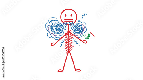 Abstract stick figure representing overwhelming mental stress, anxiety, and confusion, depicting a struggle with chaotic inner thoughts and the rejection of a potential solution or relief